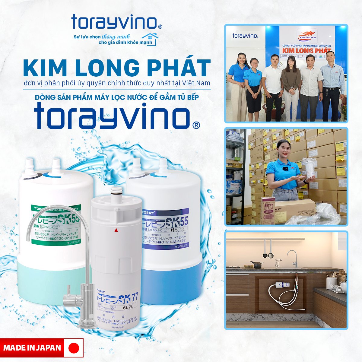 Kim Long Phát là đơn vị phân phối ủy quyền chính thức duy nhất tại Việt Nam dòng sản phẩm máy lọc nước để gầm tủ bếp Torayvino, Nhật Bản