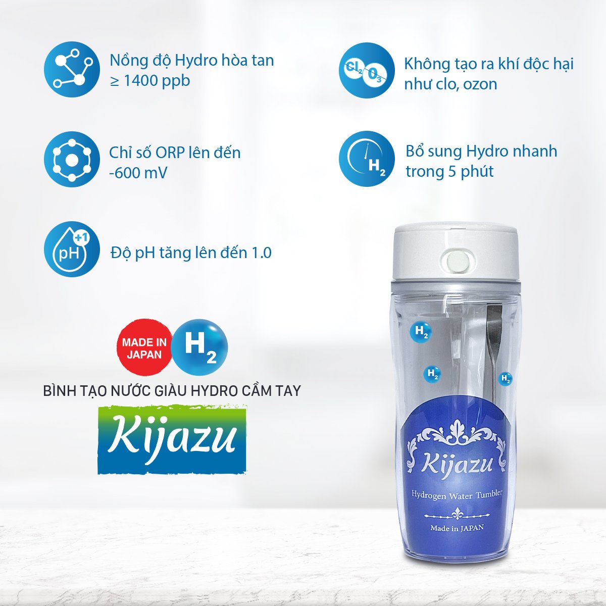 Bình tạo nước giàu Hydro cầm tay Kijazu - Thiết bị chăm sóc sức khỏe, sắc đẹp nhỏ gọn, tiện lợi, dễ mang theo