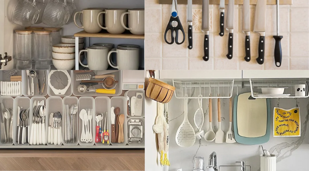 10 cách sắp xếp nhà bếp nhỏ trông gọn gàng, sạch sẽ 3 Sắp xếp đồ dùng nhà bếp theo chiều dọc để tiết kiệm diện tích và tối ưu không gian