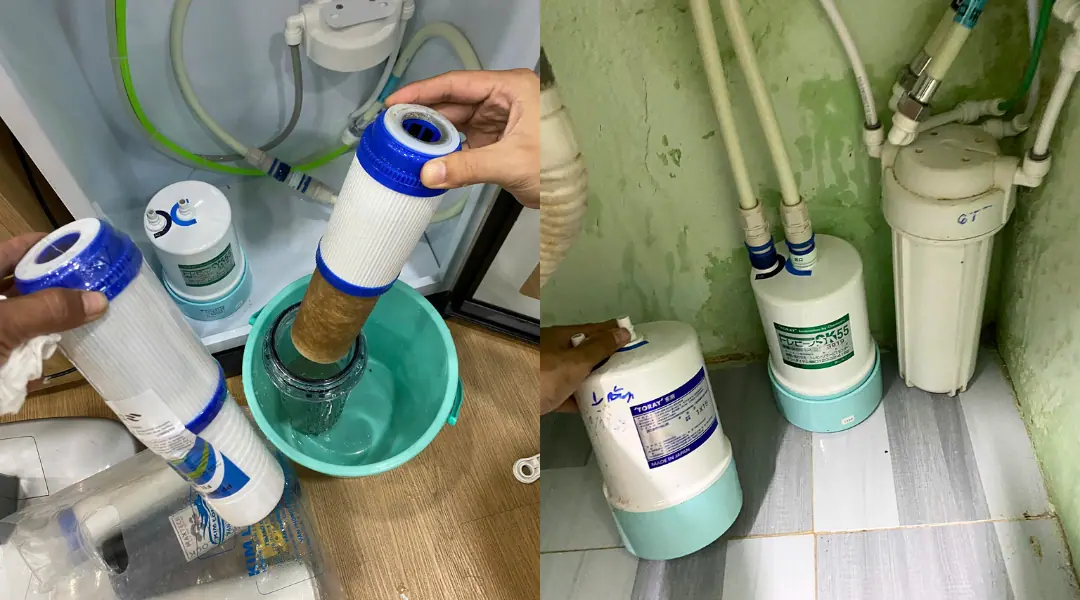 3 Tác hại khi không thay lõi lọc định kỳ 2 Tác hại khi không thay lõi lọc định kỳ: Hình ảnh lõi lọc cũ đã bám rất nhiều cặn bận tạp chất và vi khuẩn gây hại, cần thay lõi 1 năm 1 lần để bảo vệ cho sức khoẻ