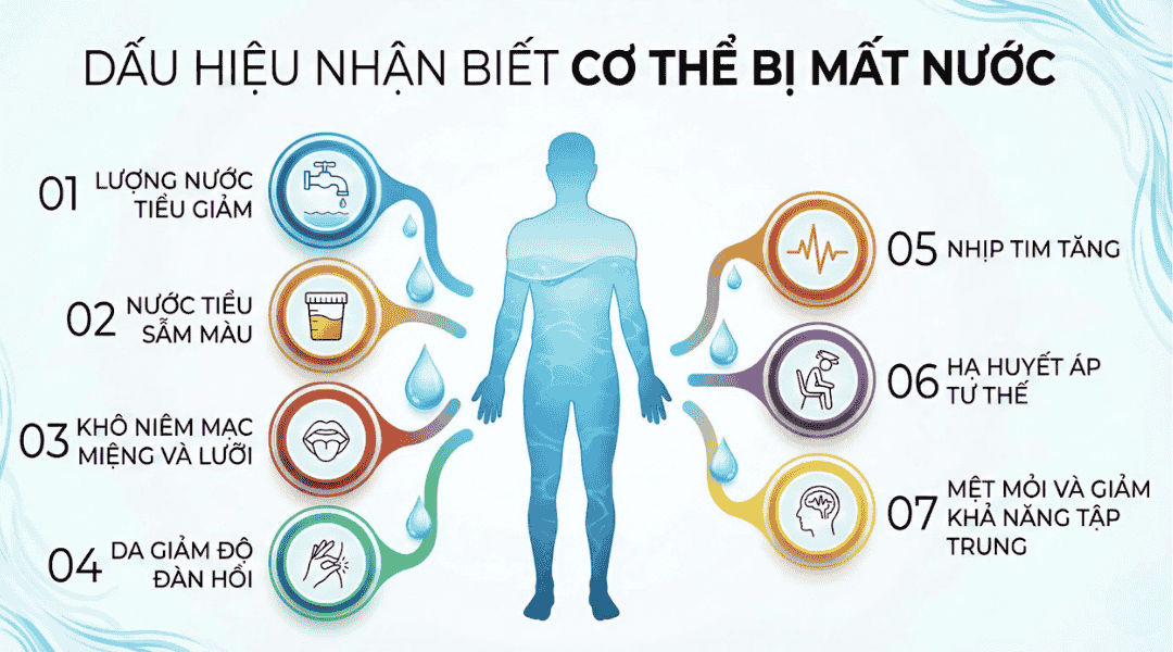 Dấu hiệu nhận biết cơ thể mất nước như khô miệng, mệt mỏi, chóng mặt