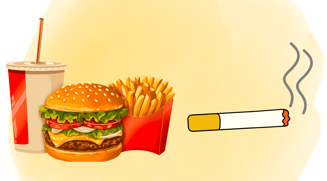Hydro hỗ trợ giảm stress oxy hóa cho cơ thể 2 Hình ảnh minh họa các nguyên nhân gây stress oxy hóa như thức ăn nhanh và hút thuốc lá